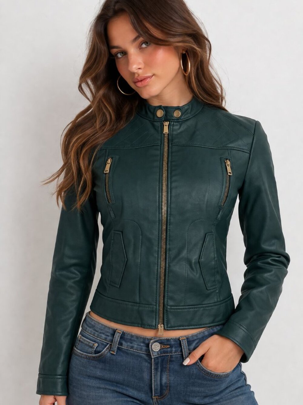 Vintage Y2K Jacket Delias Small Dark Green Faux Vegan Leather Moto Indie Grunge - Picture 6 of 13